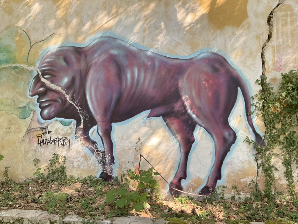 Opera di street art realizzata su una parete esterna squarciata da crepe e circondata da vegetazione, raffigurante un corpo di cavallo dalla testa umana.