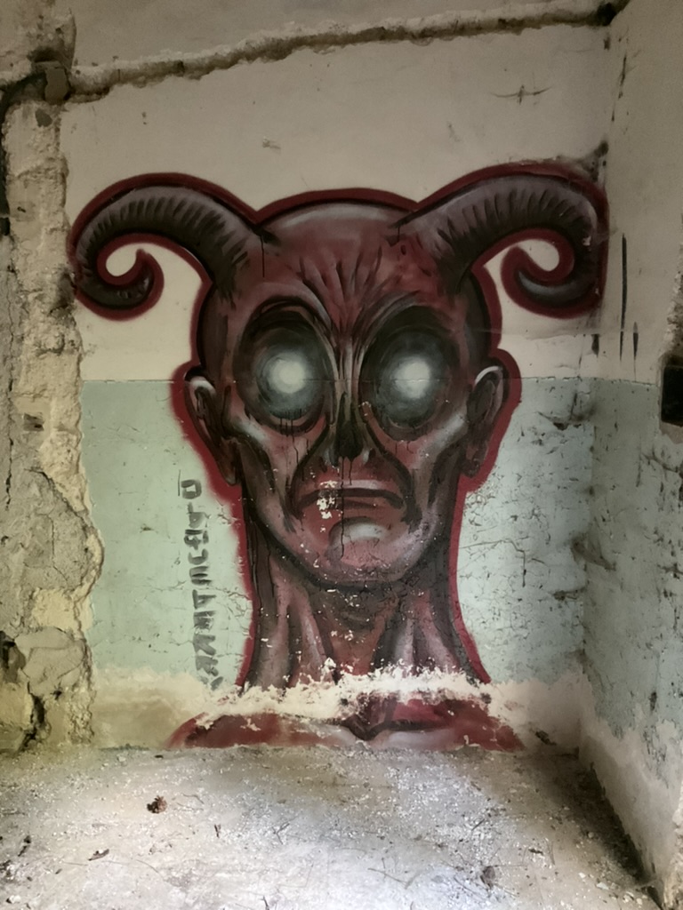 Opera di street art realizzata nell’angolo interno di una stanza fatiscente che raffigura il primo piano di un demone con le orbite vuote e le corna in testa.