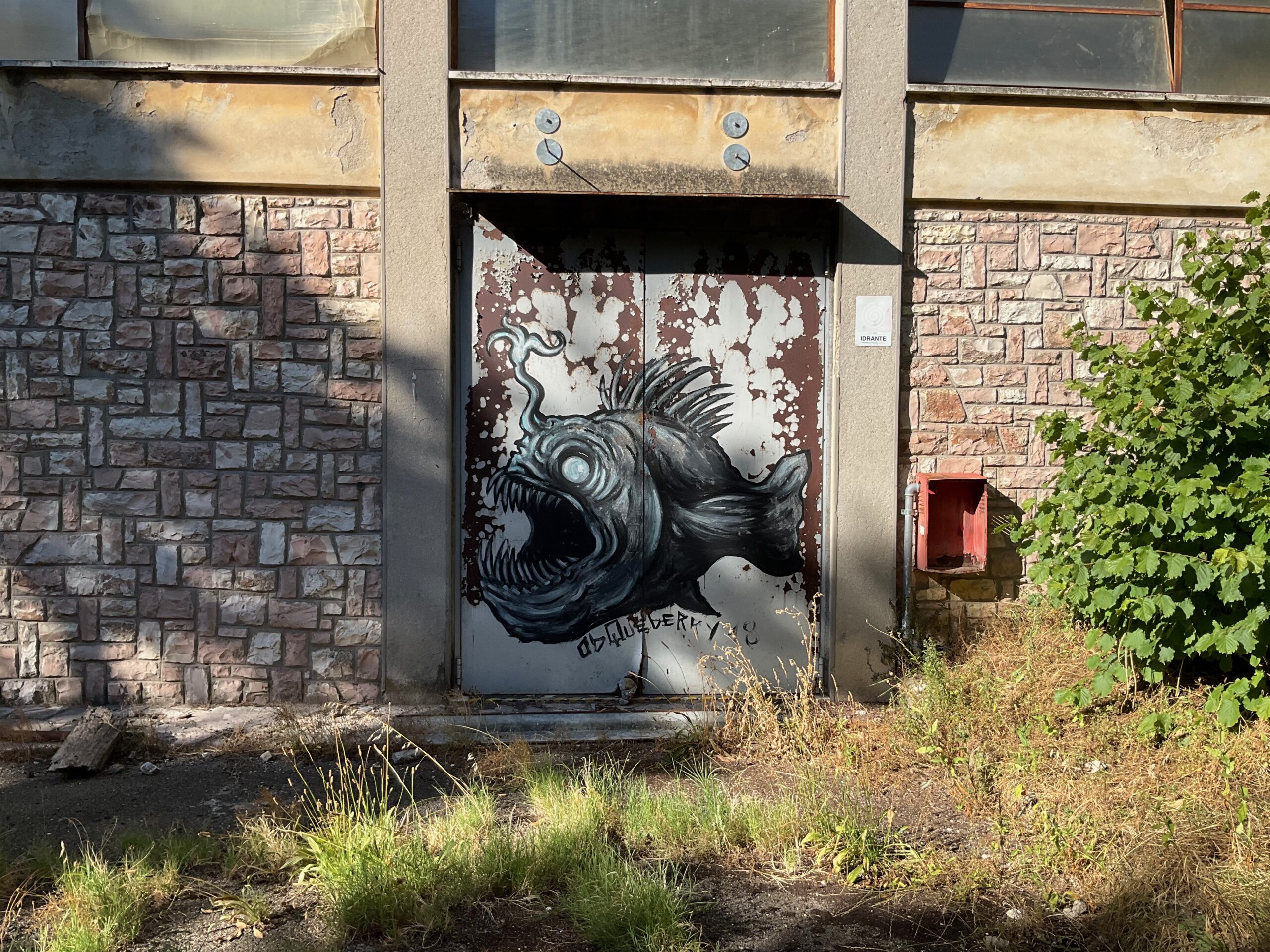 Opera raffigurante un pesce lanterna realizzata su una porta di ferro di un edificio abbandonato