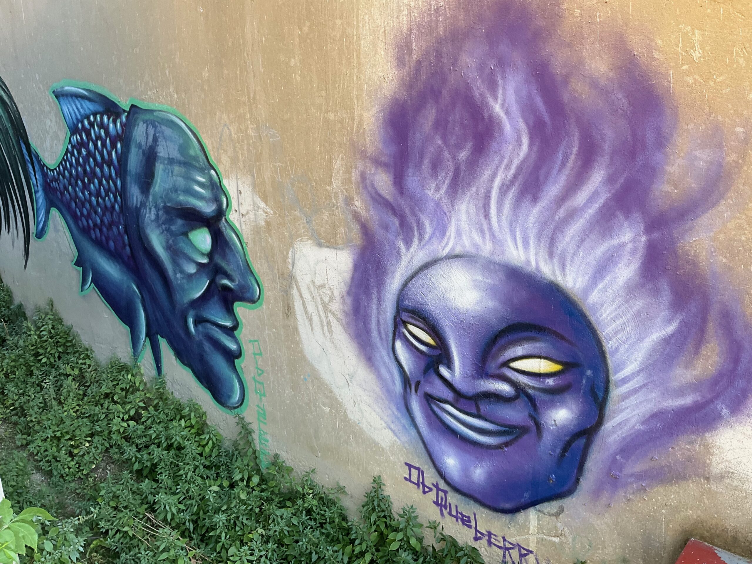 opere di street art raffiguranti un pesce con una testa umana e un volto femminile con capelli fiammeggianti realizzati su un muro