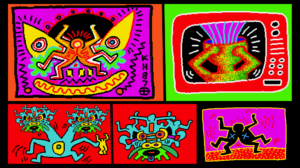I 5 disegni realizzati al computer da Keith Haring con un computer Commodore Amiga negli anni ’80. Sono riconoscibili i tratti distintivi della sua arte: linee marcate, figure umane stilizzate, maschere e colori forti.