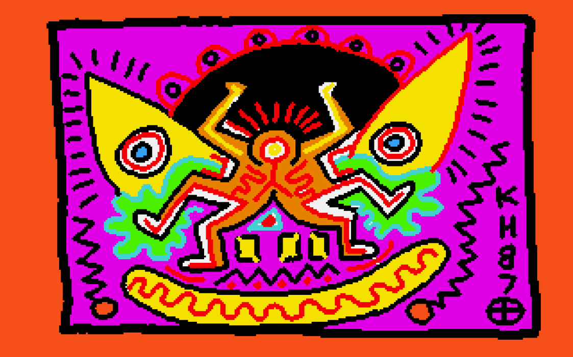 Immagine astratta raffigurante due figure umane stilizzate con un’unica testa. Ai lati due stilizzazioni che richiamano delle ali di farfalla e altri motivi decorativi astratti geometrici. In basso a destra, la firma KH (Keith Haring) seguita dal numero 87, che potrebbe riferirsi all’anno di realizzazione dell’opera digitale.