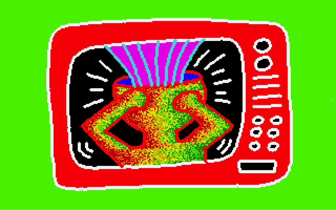 Immagine astratta raffigurante due figure umane stilizzate con un’unica testa. Ai lati due stilizzazioni che richiamano delle ali di farfalla e altri motivi decorativi astratti geometrici. In basso a destra, la firma KH (Keith Haring) seguita dal numero 87, che potrebbe riferirsi all’anno di realizzazione dell’opera digitale.