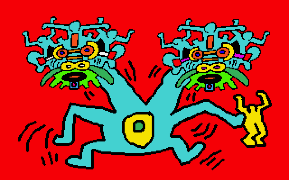 Disegno stilizzato di un mostro con due teste in movimento, somigliante a un drago cinese. Le due criniere della belva sono fatte da busti di figure umane stilizzate. In una zampa anteriore, la bestia stringe una figura umana intera stilizzata.
